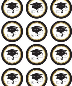 Graduation Round Cupcake Toppers | Black and Gold